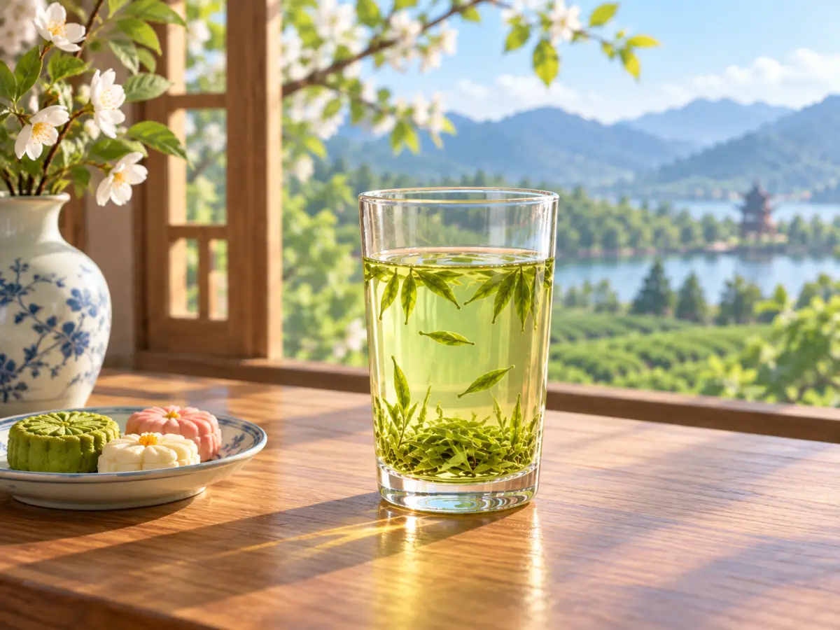 Green tea leaves opening in a clear glass